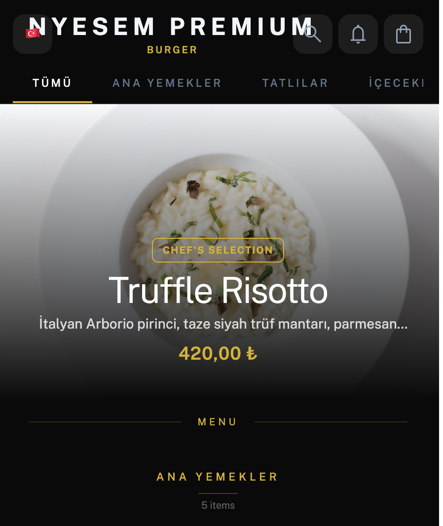 Fine Dining QR menü tasarımı — canlı ekran görüntüsü